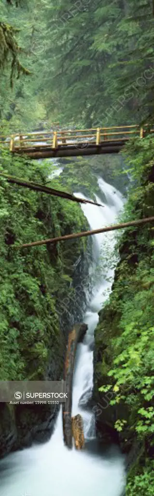 This is the Sol Duc Waterfall in the rain forest of Olympic National Park. Sol Duc means magic waters.