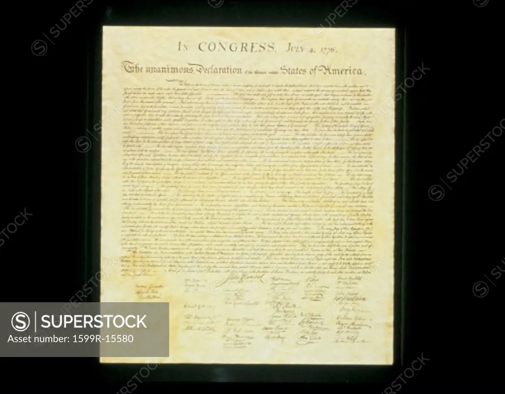 This shows the original Declaration of Independence in its entirety written on its now faded parchment paper.