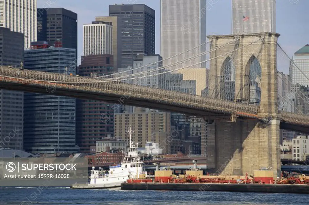 Brooklyn Bridge with heavy boat traffic