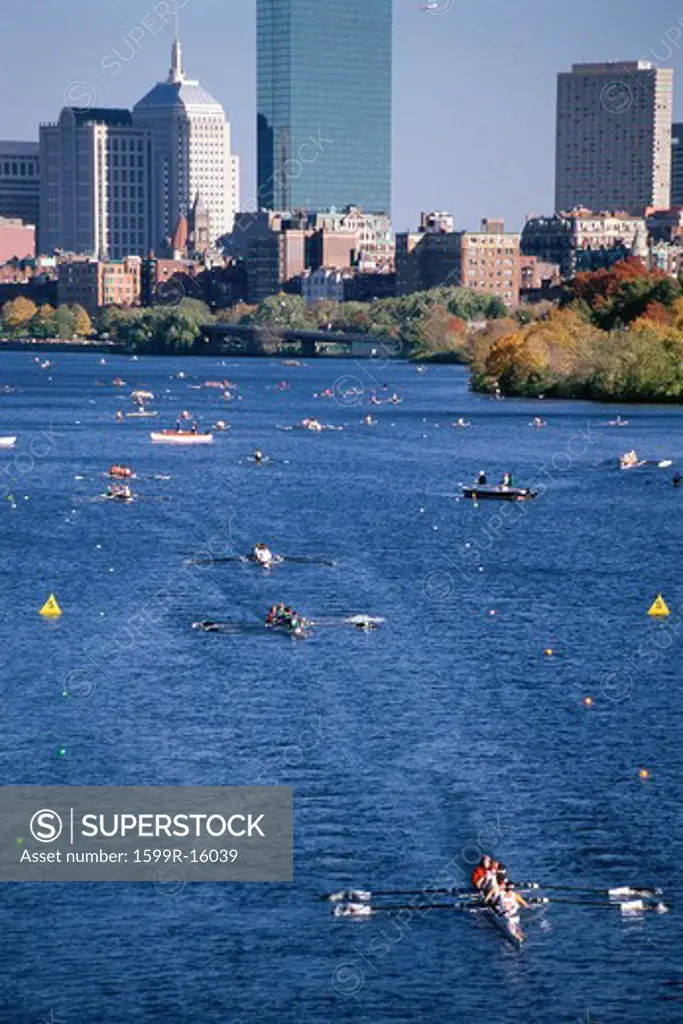 Charles River with rowing teams, Boston beyond
