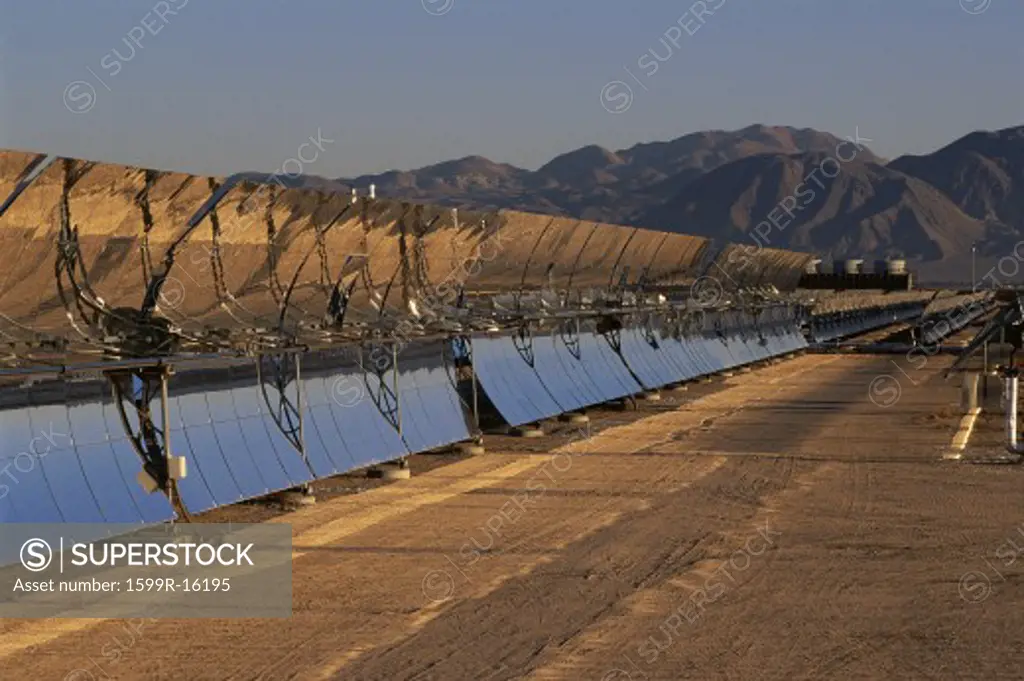 Row of solar panels at solar energy plant