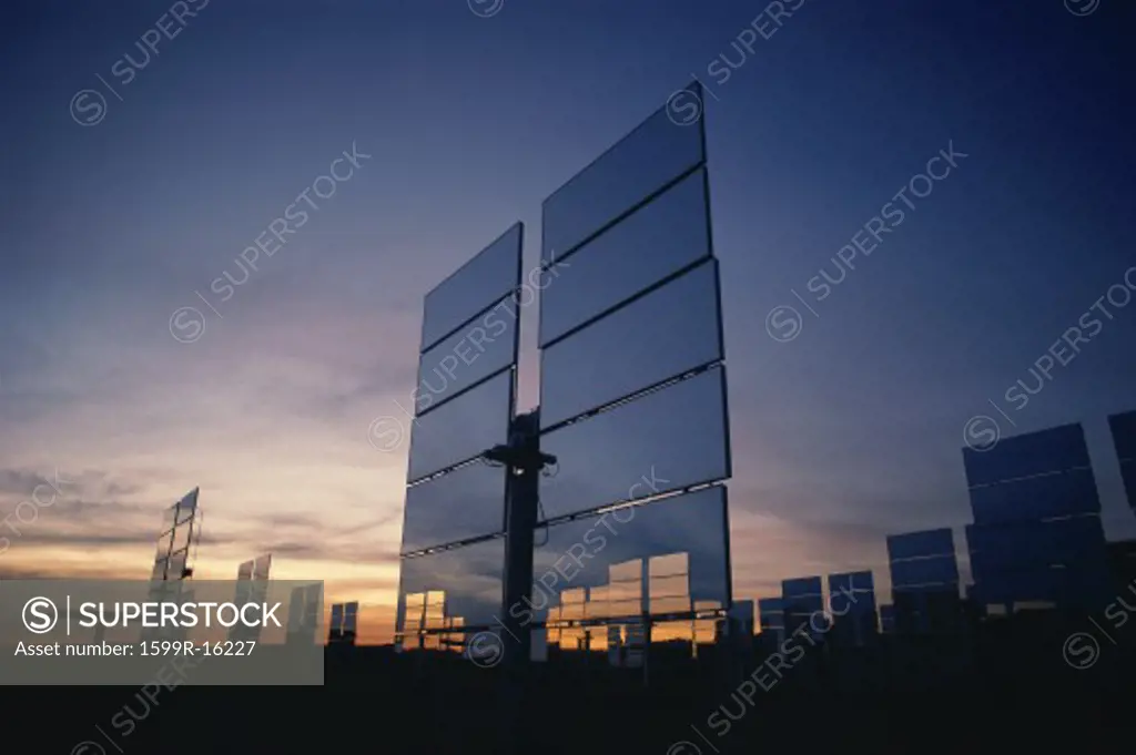 Upright solar panels at dusk