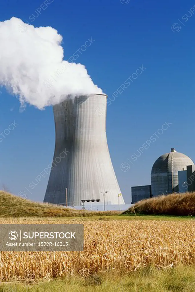 Nuclear reactor with farmland in foreground