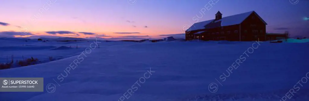 Shed in snow in dwindling twilight, Vermont