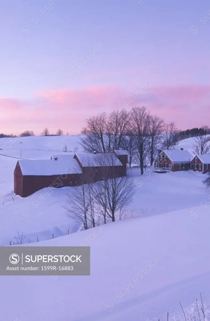 A vertical image of Jenne Farm with winter snow