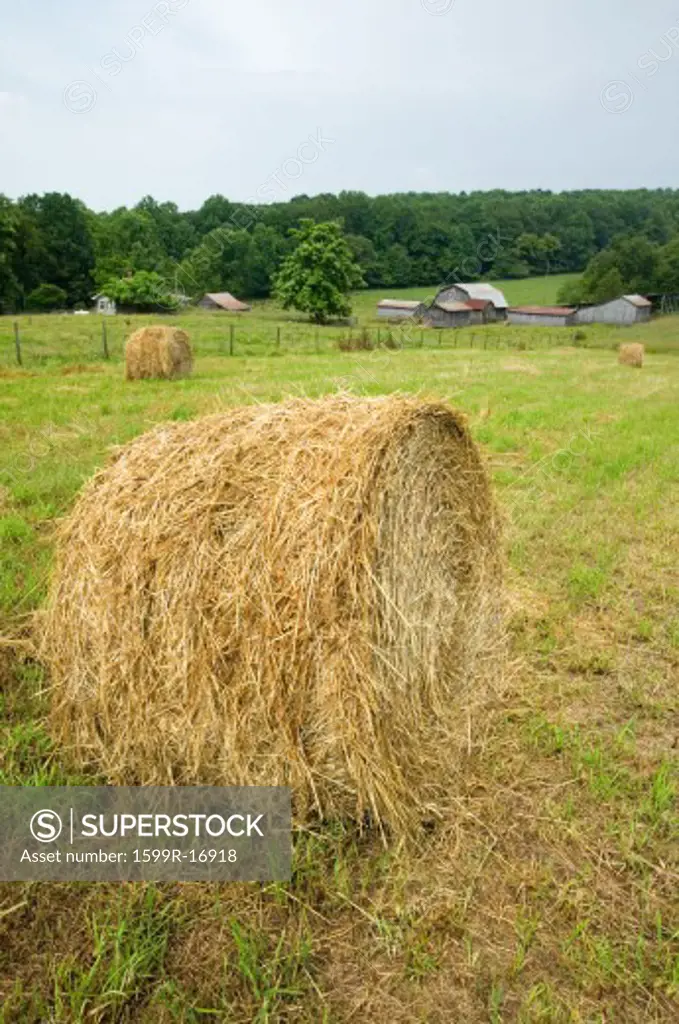 A circular haystack and farm on Blue Ridge Highway in North Carolina