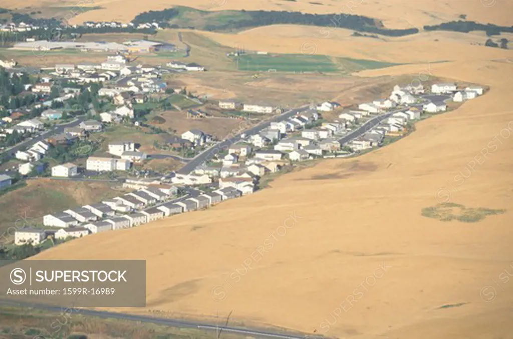 An aerial view of a housing development and wheat field