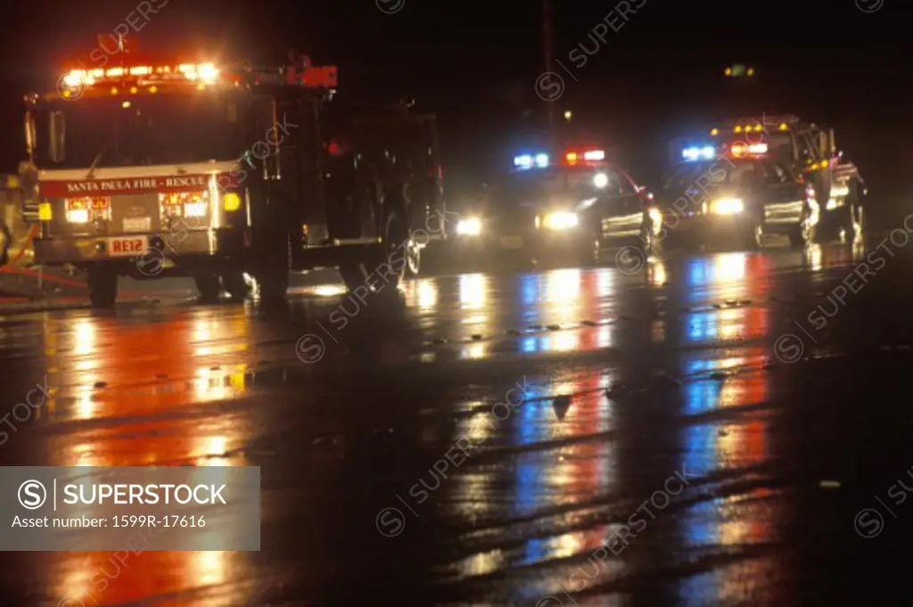 Emergency vehicles on a rainy night, Santa Paula, California
