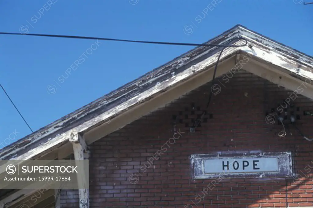 Train station sign for city of Hope in Hempstead County, Arkansas