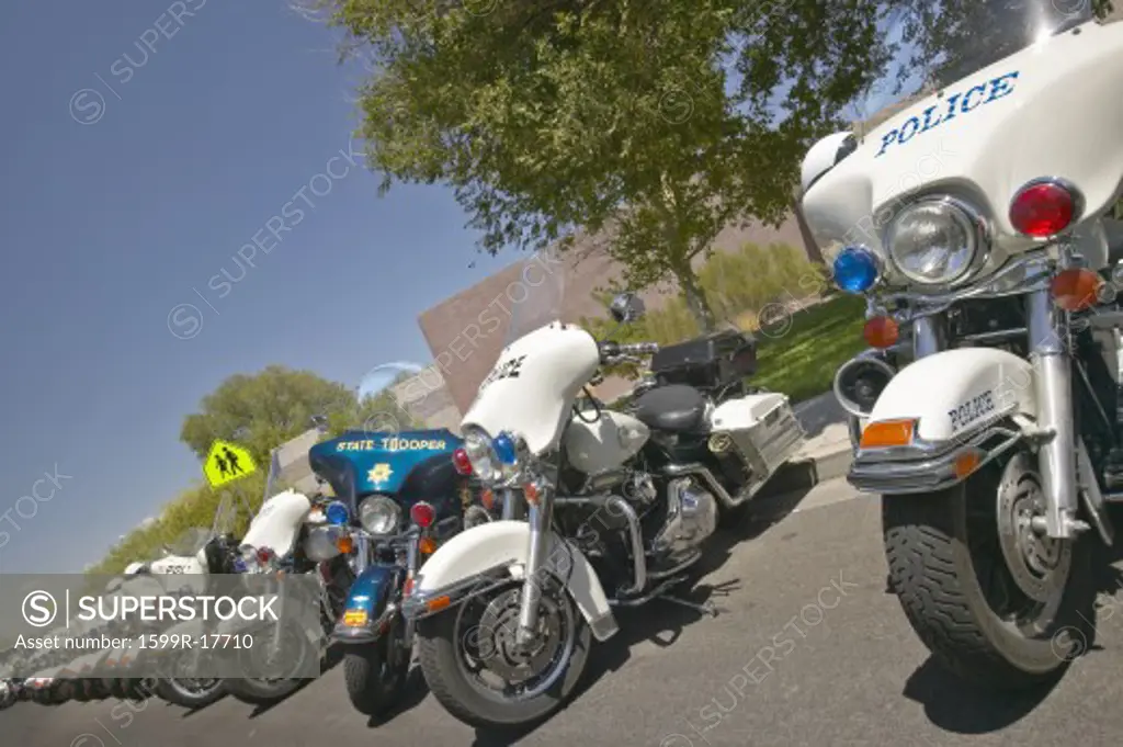 Unmanned police motorcycles parked in front of Valley View Rec Center, Henderson, NV