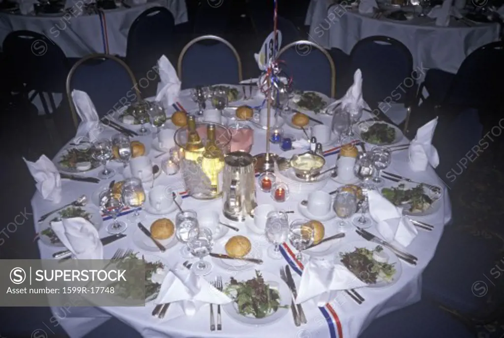 An elegant table setting at a Clinton/Gore 1992 fundraising event