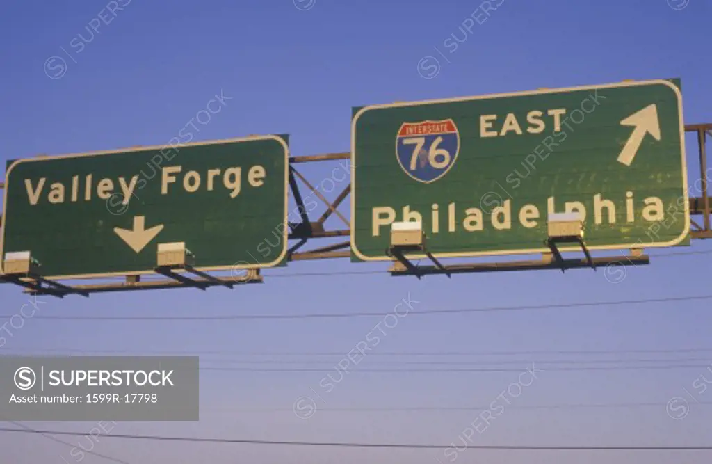 A sign for Interstate 76 in Philadelphia and Valley Forge