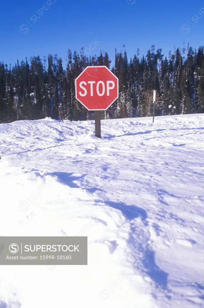 Stop sign in the snow at Grand Teton National Park, Jackson, WY