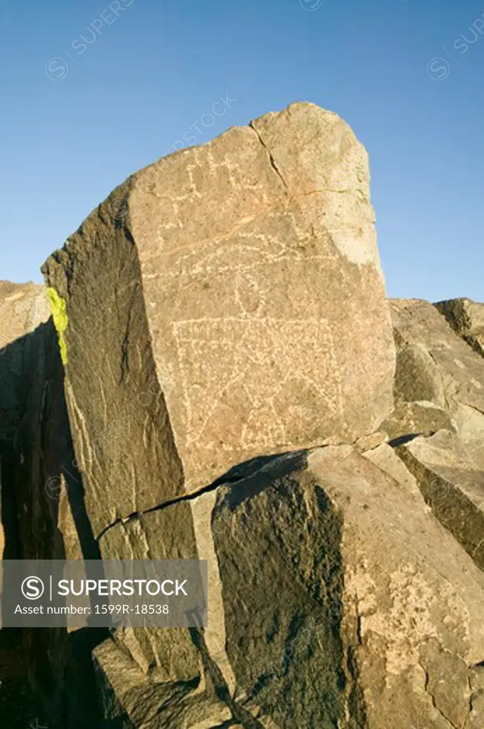 Three Rivers Petroglyph National Site, a (BLM) Bureau of Land Management Site, features a Thunderbird, one of more than 21,000 Native American Indian petroglyphs and examples of prehistoric Jornada Mogollon rock art, off Route 54, South of Carrizozo, New Mexico