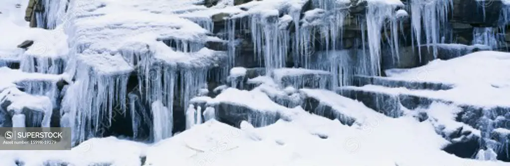 Icicles and snowy rocks in Sierra Nevada Mountains, California
