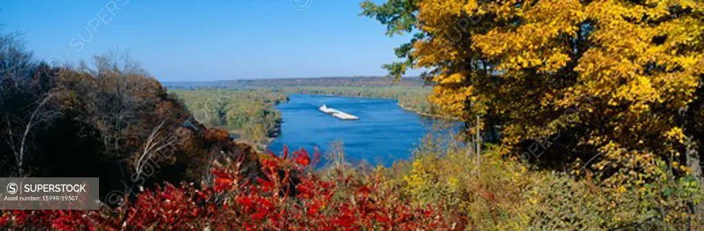 Barge on Mississippi River in Autumn, Great River Road, Iowa