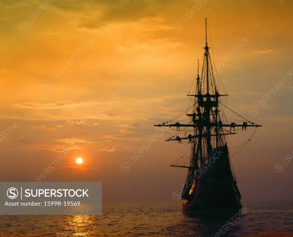 Mayflower II replica at deep red sunset, Massachusetts