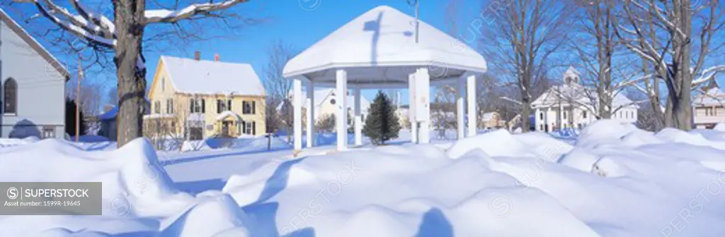 Gazebo and town in winter, Danville, Vermont