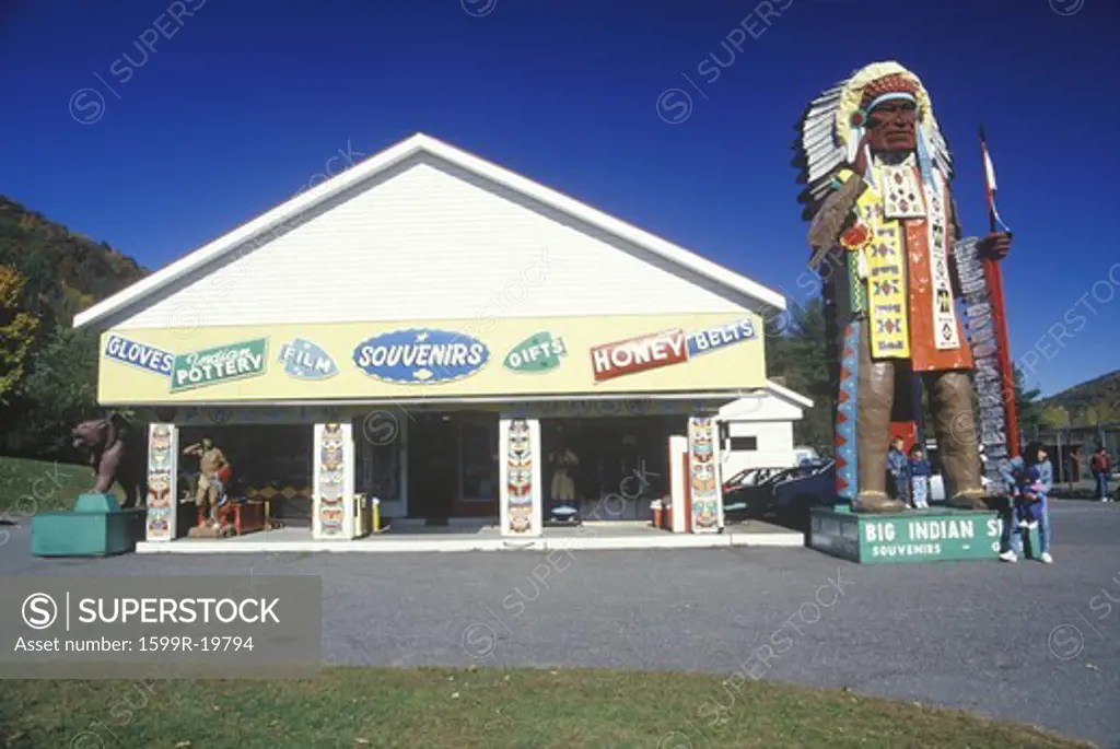 Souvenir stand with giant wooden Indian, Mohawk Trail, MA