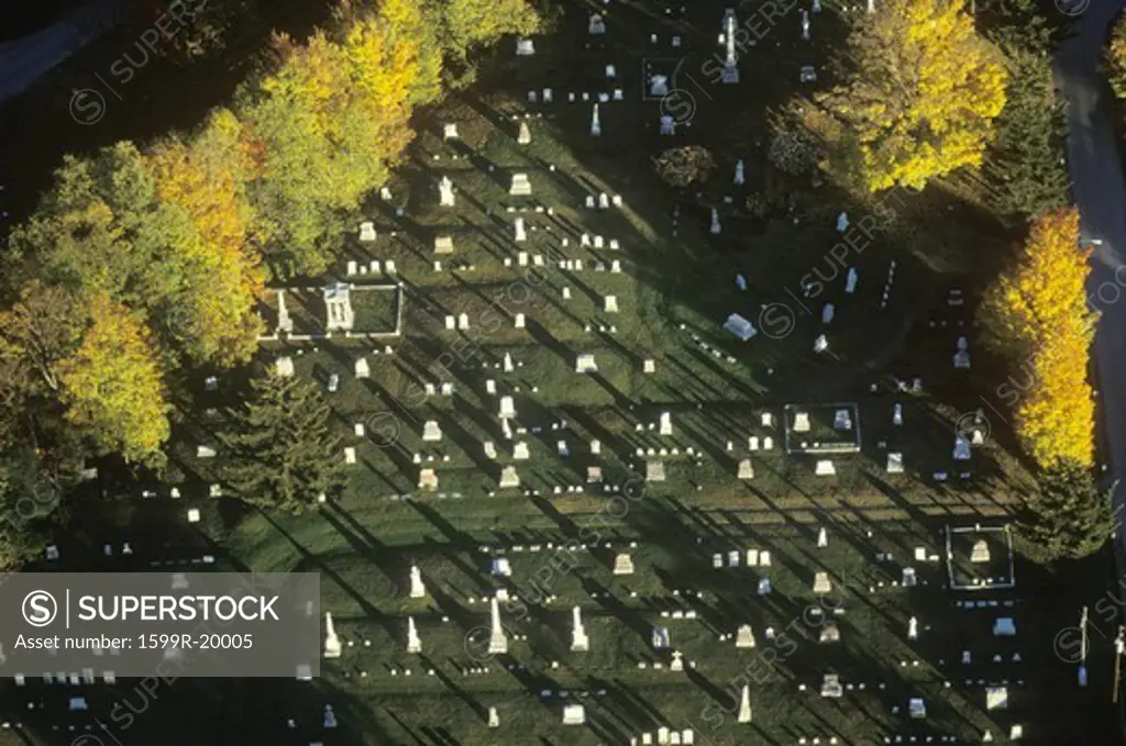 Aerial view of cemetery in autumn, Morrisville, VT