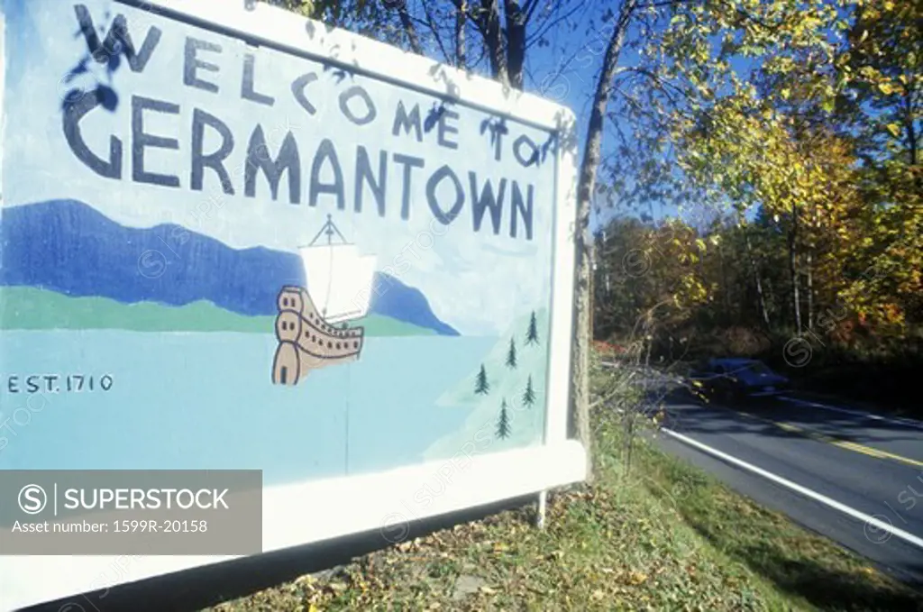 Welcome sign at entrance to Germantown, NY