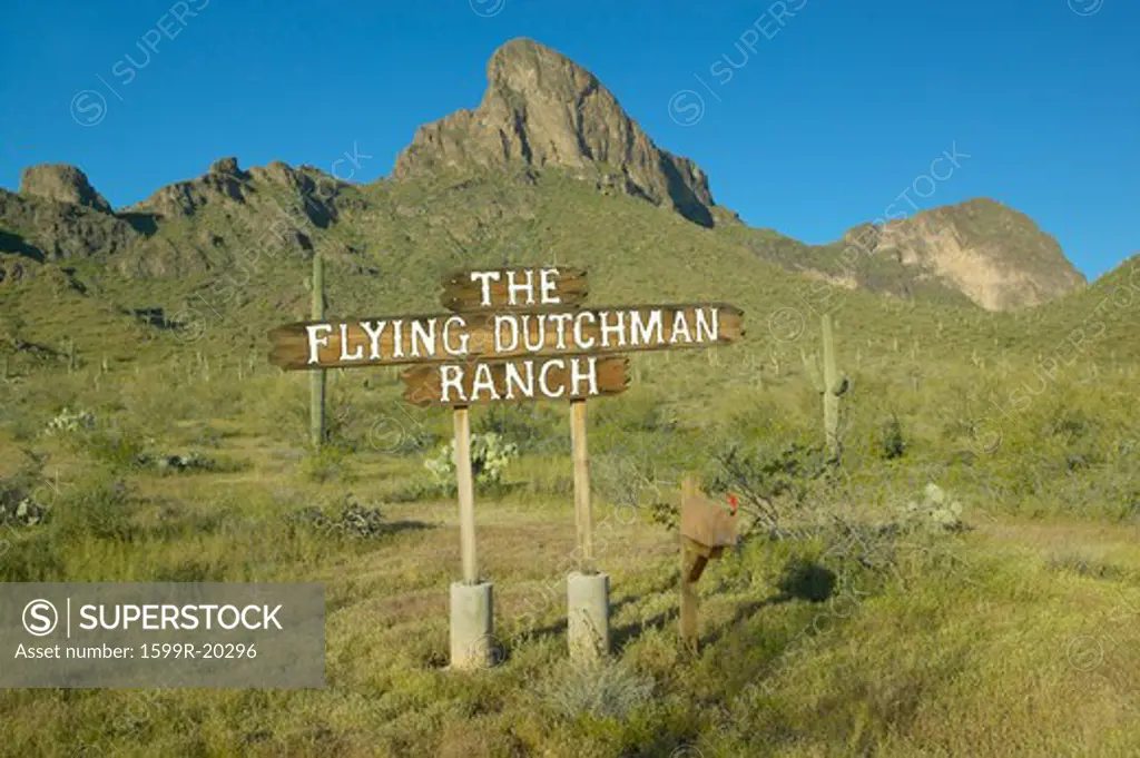 A sign directing travelers to the Flying Dutchman Ranch near Picacho Peak State Park North of Tucson, AZ