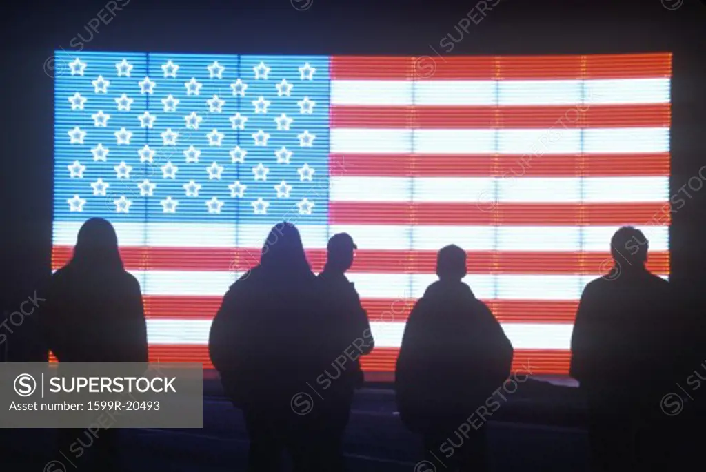 Silhouettes of People in front of an American electric Flag, Winter Olympics, Salt Lake City, Utah