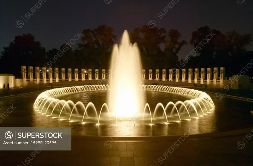Fountains at the U.S. World War II Memorial commemorating World War II in Washington D.C. at dusk