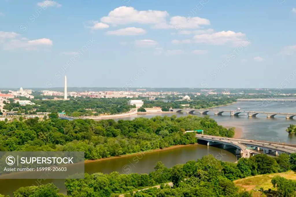 Washington D.C. aerial view with US Capitol, Washington Monument, Lincoln Memorial and Jefferson Monument and Potomac River