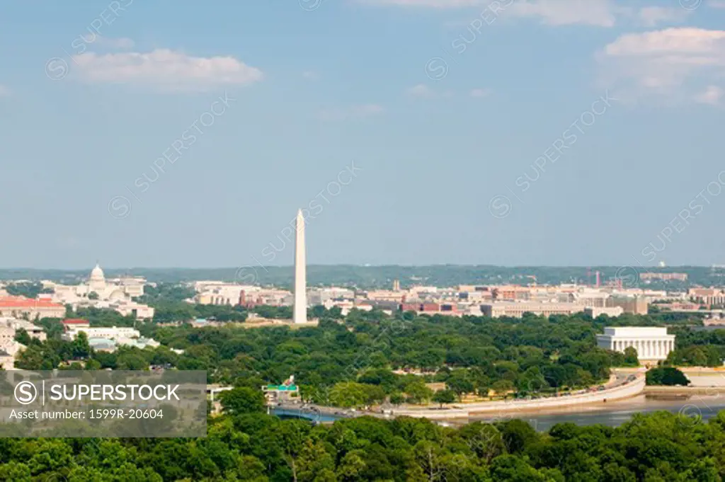 Washington D.C. aerial view with US Capitol, Washington Monument, Lincoln Memorial and Potomac River