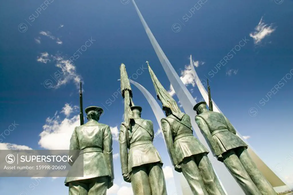 Bronze Honor Guard and three soaring spires of the Air Force Memorial, One Air Force Memorial Drive, Arlington, Virginia in Washington D.C. area