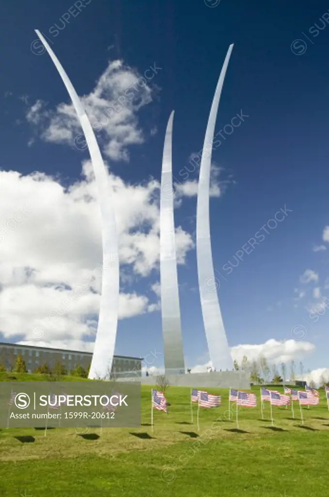 American flags at base of three soaring spires of the Air Force Memorial at One Air Force Memorial Drive, Arlington, Virginia in Washington D.C. area