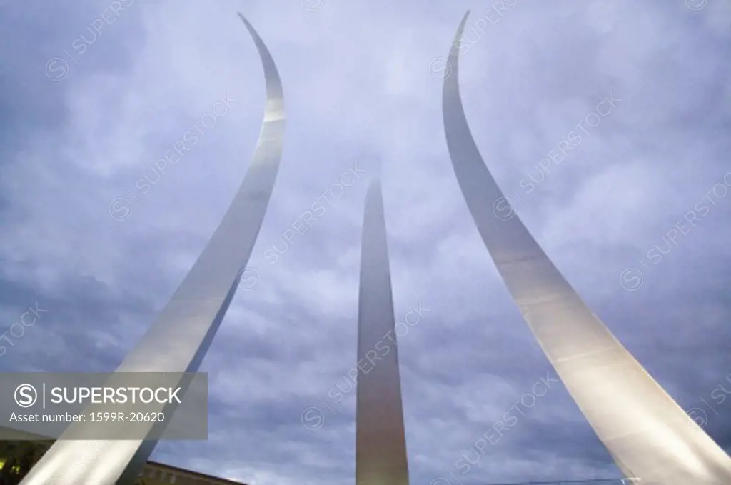Dusk light behind three soaring spires of Air Force Memorial at One Air Force Memorial Drive, Arlington, Virginia in Washington D.C. area