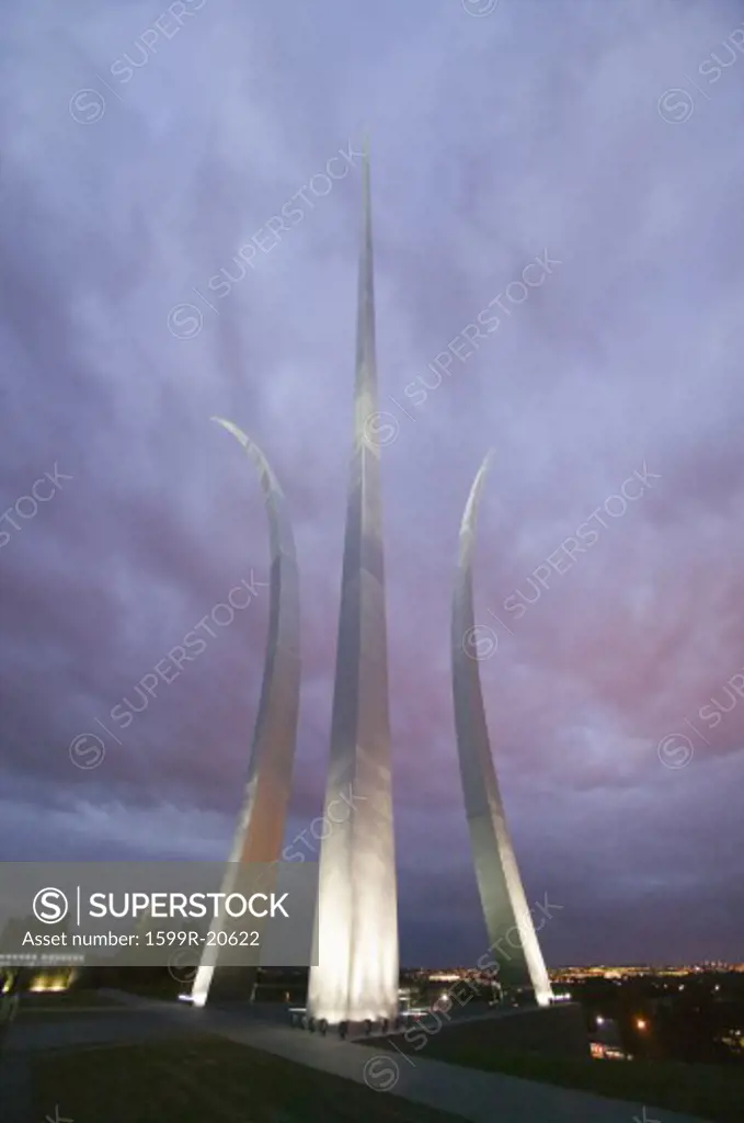 Dusk light behind three soaring spires of Air Force Memorial at One Air Force Memorial Drive, Arlington, Virginia in Washington D.C. area