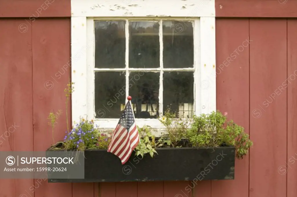 American flag displayed in flower pot of house window off of Manchester Road, St. Louis County, Missouri