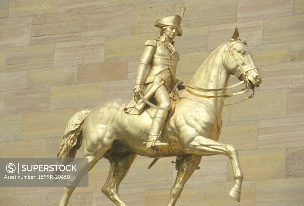 Statue of patriot on horseback at entrance of Philadelphia Museum of Art