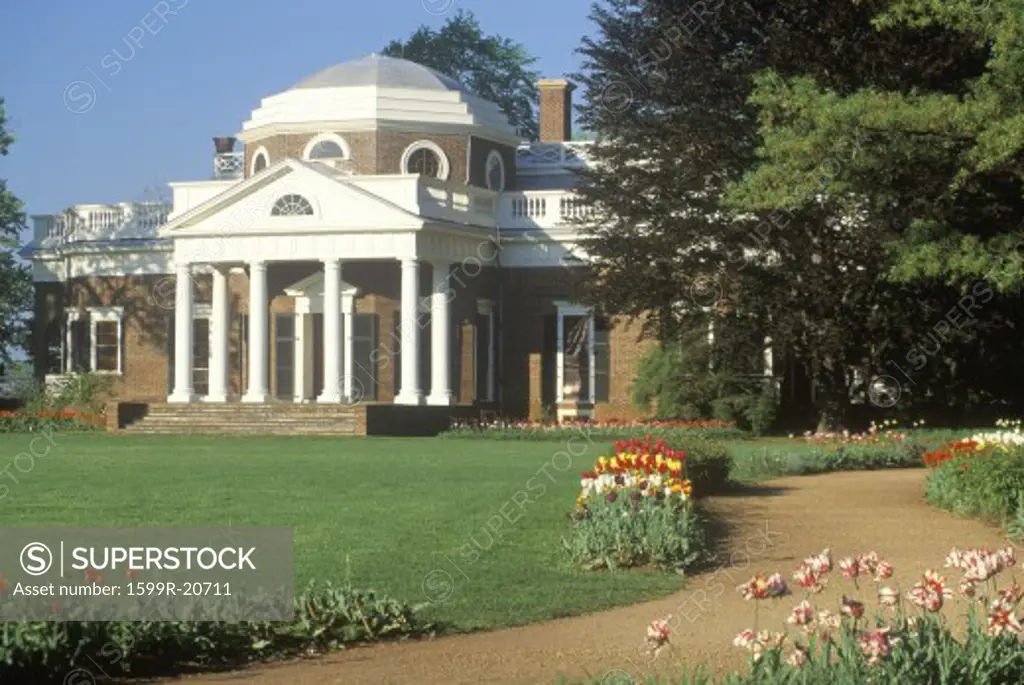 Long view of Thomas Jefferson's Monticello, looking at the West Front Roundabout Walk in Spring, Charlottesville, Virginia