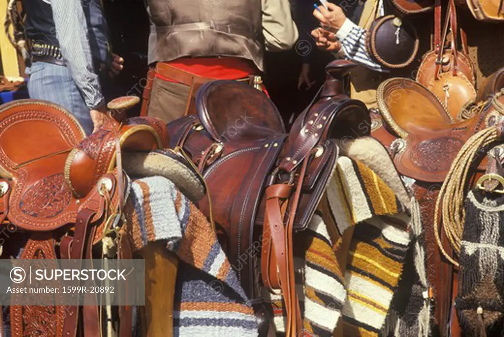 Saddles and blankets during cowboy reenactment, CA