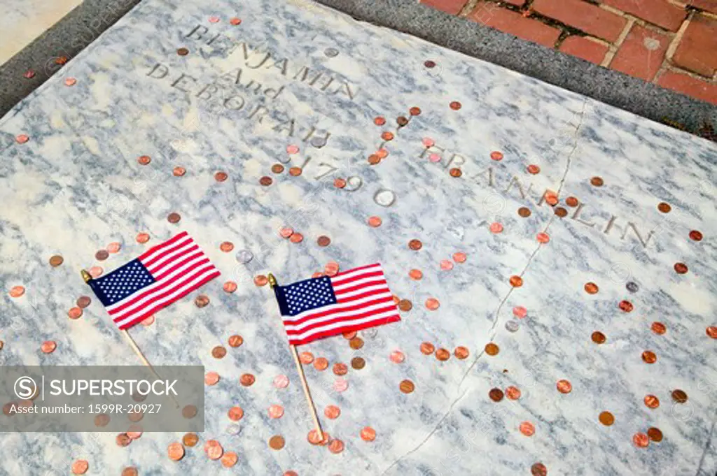 Two flags for Ben Franklin's gravestone in Christ Church Burial Ground Philadelphia, Pennsylvania
