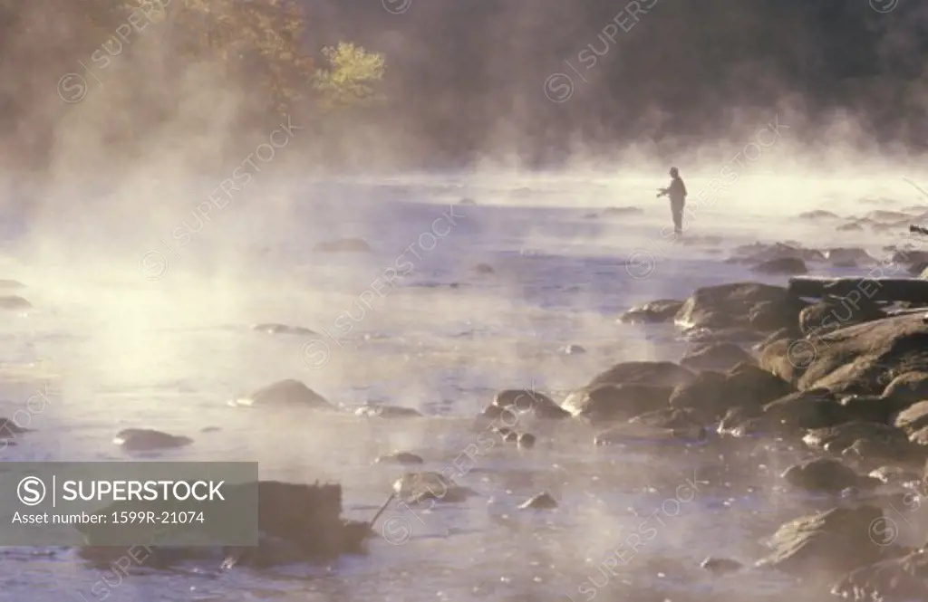 Morning fishing in fog on Housatonic River, Northwestern CT