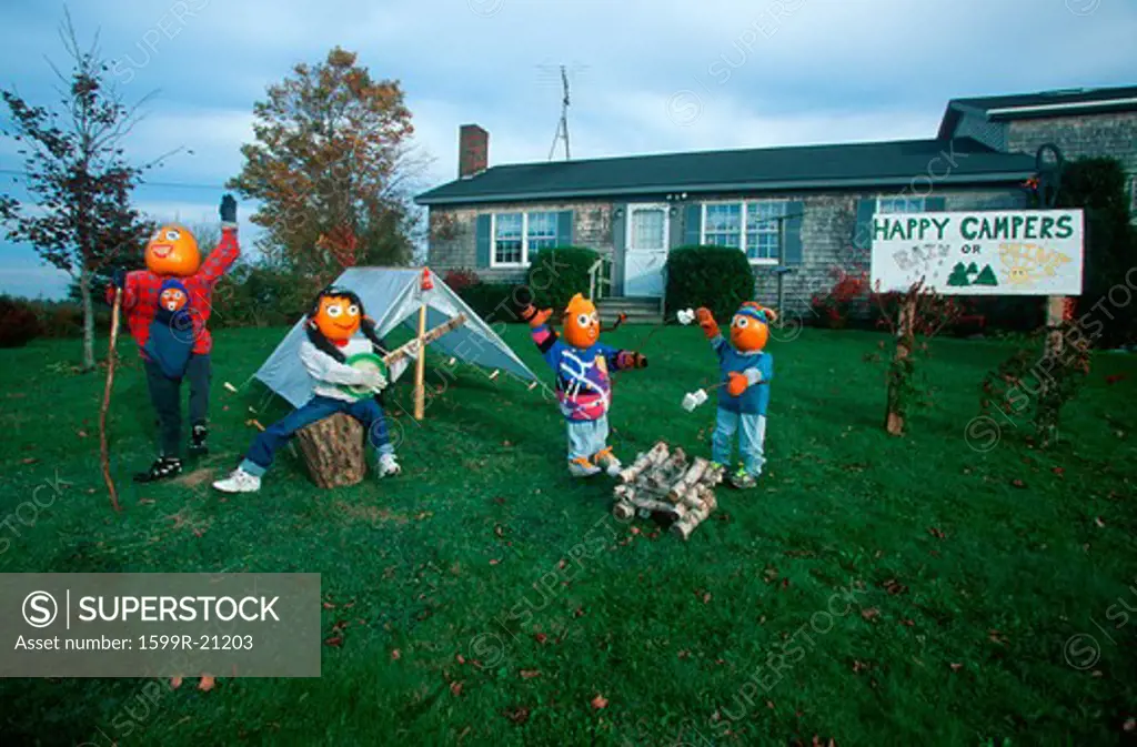 Pumpkin Characters Camping on Front Lawn of House, Maine
