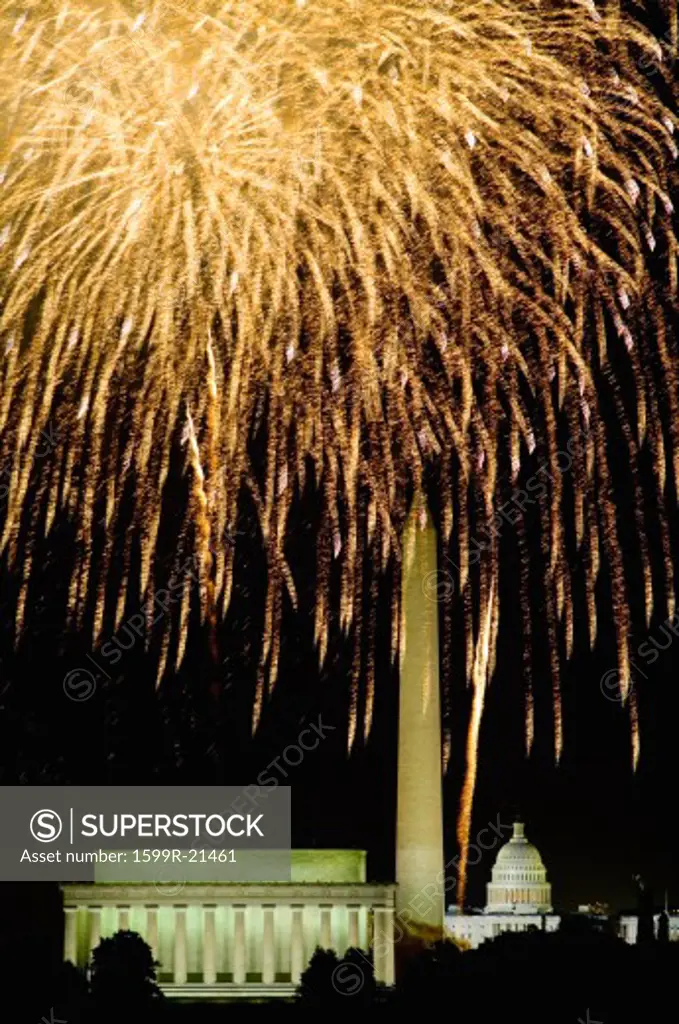 Fourth of July celebration with fireworks exploding over the Lincoln Memorial, Washington Monument and U.S. Capitol, Washington D.C.