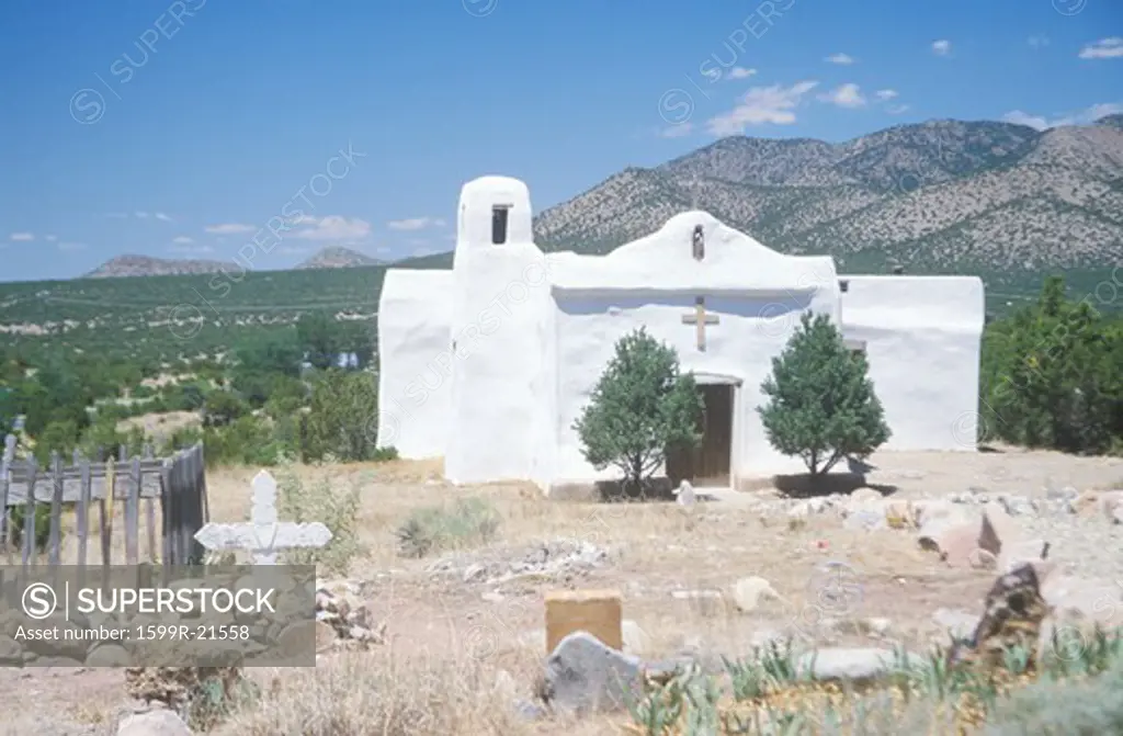 Old pueblo church located along Route 14 on the way to Madrid New Mexico