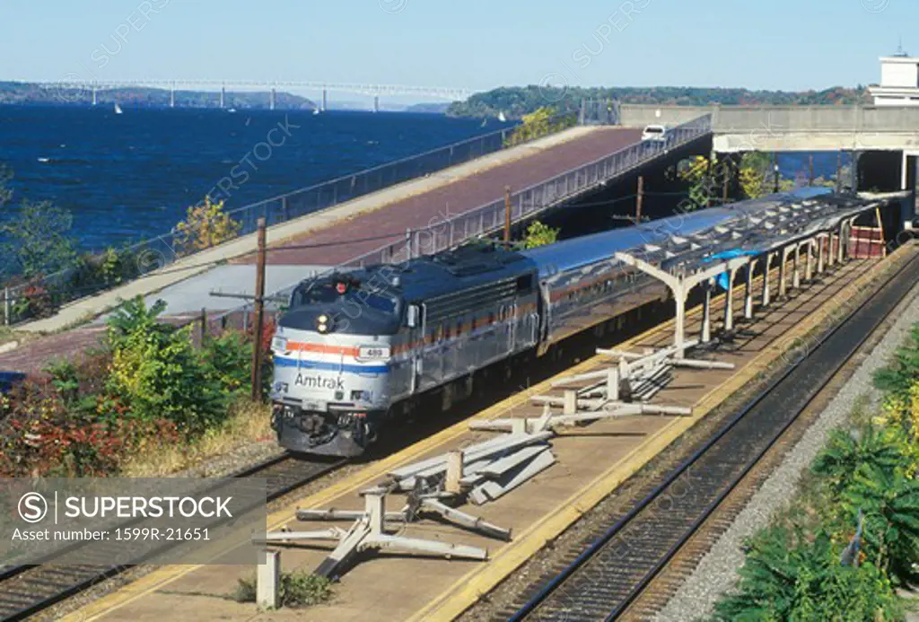 An Amtrak train station along the Hudson River, scenic Route 9G, New York