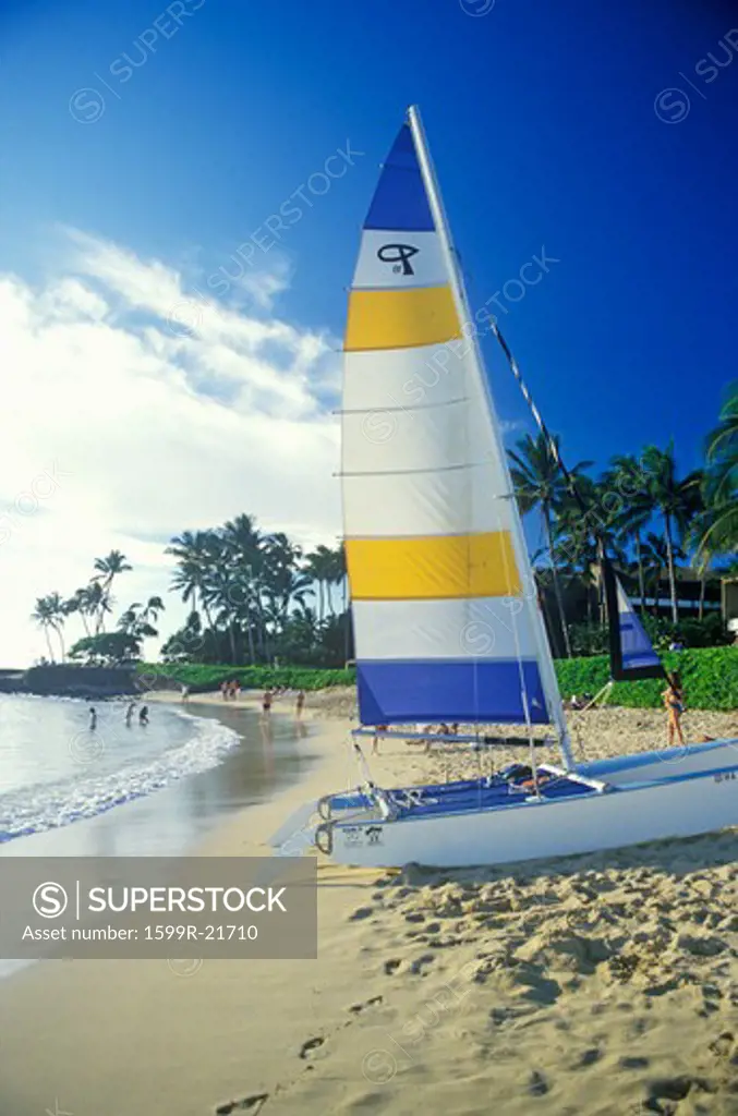A sailboat launched on the beach in Kauai, Hawaii