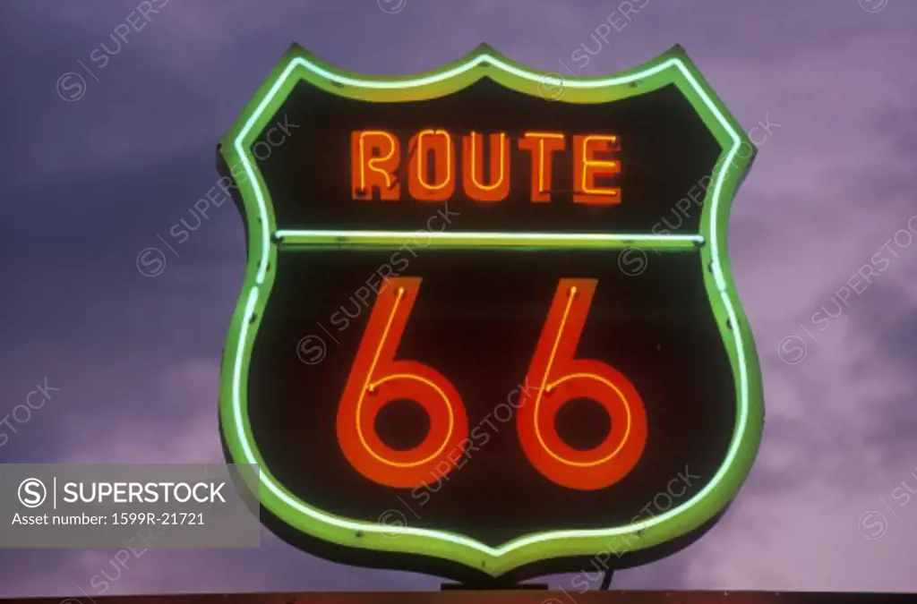 A neon sign reading Route 66 in Barstow, California