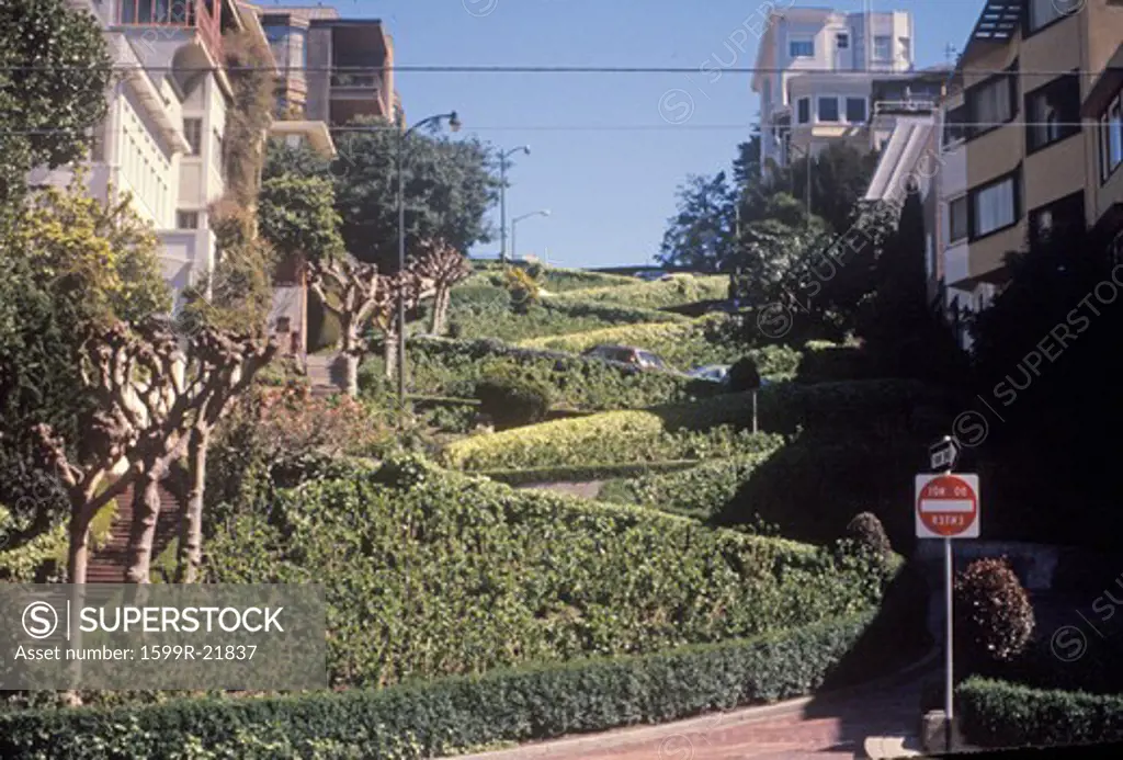 Lombard Street, the crookedest street in the world in San Francisco, California