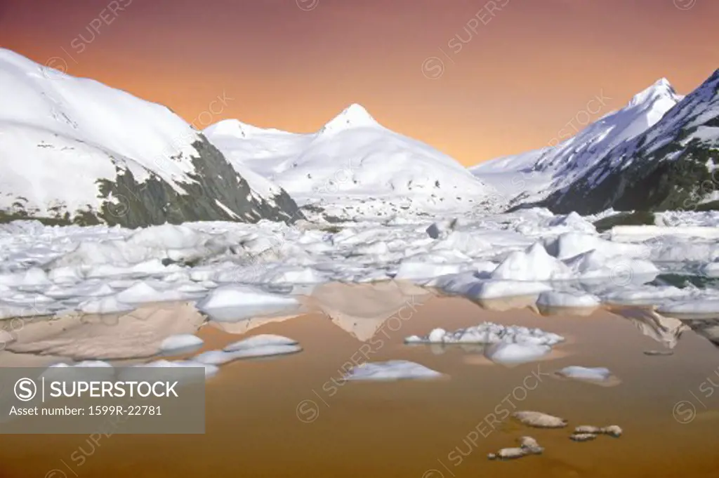 Digitally altered global warming view of Portage Glacier and Portage Lake as seen from Seward Highway, Alaska