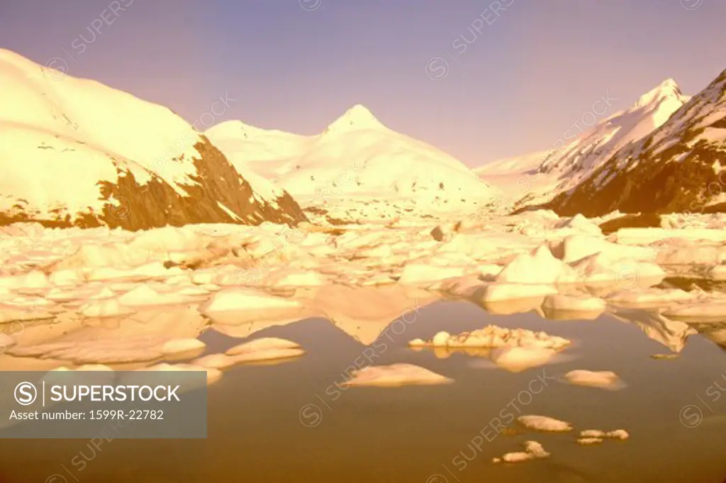 Digitally altered global warming view of Portage Glacier and Portage Lake as seen from Seward Highway, Alaska