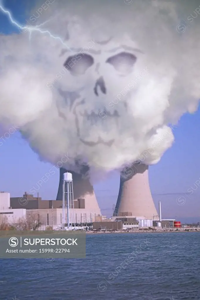 Digitally altered nuclear power plant at Lake Erie, MI with eerie skull image appearing in the rising smoke symbolizing the danger of pollution and nuclear power